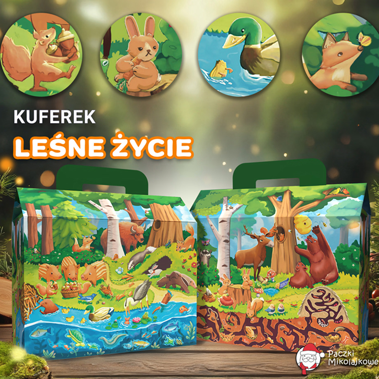 Całoroczny kuferek dla dzieci Leśne Życie z ilustracjami zwierząt i natury